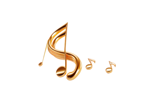 A close-up of a 3D metallic musical note floating in mid-air isolated on white background