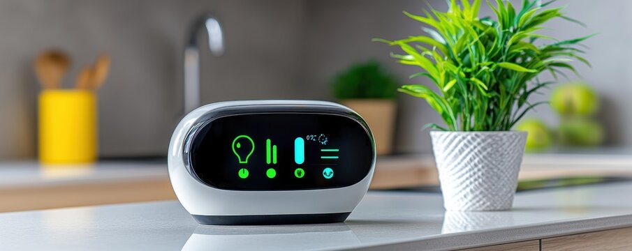A modern smart device with a digital display sits on a kitchen counter, surrounded by greenery and contemporary decor.