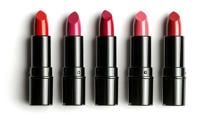 Obraz premium Five vibrant lipstick shades lined up on a white background, showcasing a range of colors perfect for any occasion. Generative AI