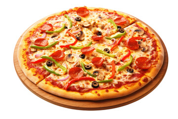 A classic Italian pizza topped with melted cheese, pepperoni slices, bell peppers, isolated on white background