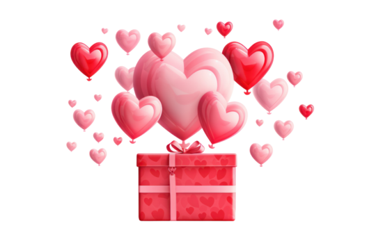A charming gift box with a heart balloon gently floating upwards, decorated with "Happy Valentine's Day" banners. Isolated on white background