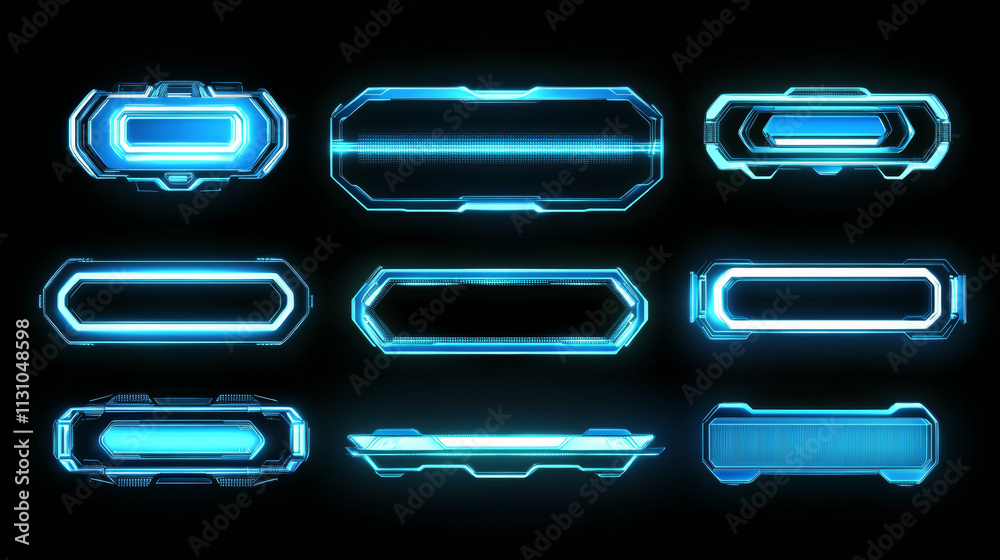 Poster hud frames set for computer game ui isolated on black background. vector realistic illustration of n