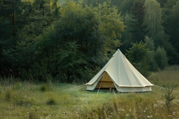 Vintage large white Bell tent on grassy meadow beside forest in summer