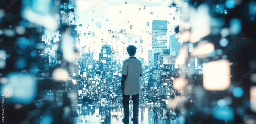 Fototapete a figure stands in a digital landscape filled with floating data cubes, symbolizing technology and i