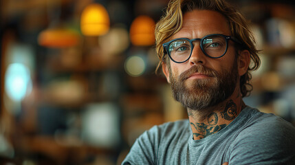 Fototapeta premium Man with glasses and tattoos sitting in a cafe, showcasing a thoughtful expression in a cozy atmosphere. Generative AI