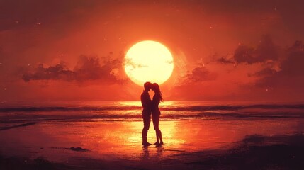 Romantic Silhouette of Couple Embracing on Beach at Sunset with Vibrant Orange