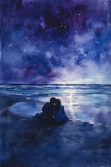 Obraz premium Romantic Couple Sitting on a Beach Under a Starry Night Sky with Reflections on the Water