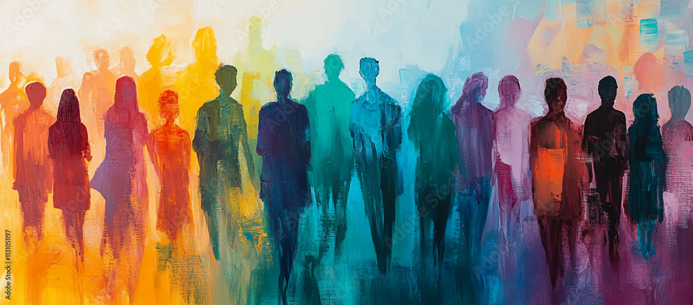 Poster vibrant silhouettes of diverse people create an artistic display of unity and connection in a colorf