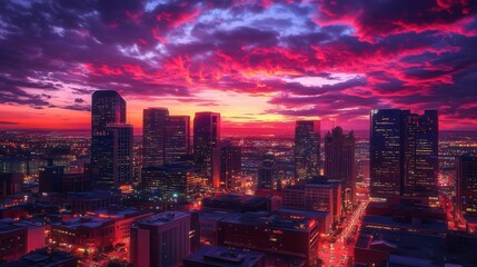 Obraz premium Vibrant Cityscape at Sunset: A Stunning Aerial View of Denver's Skyline Bathed in Fiery Hues