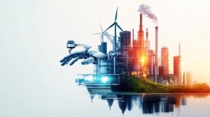 A futuristic industrial landscape, where robots handle all manufacturing and logistics, powered by clean energy, isolated on a white background.