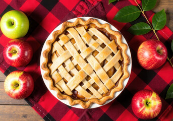Apple pie dessert on a red checkered tablecloth on the wooden background 