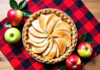 Apple pie dessert on a red checkered tablecloth on the wooden background 