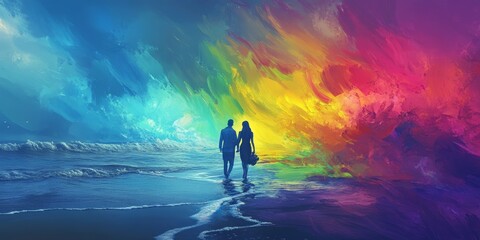Obraz premium Couple walking on a beach with a rainbow in the background