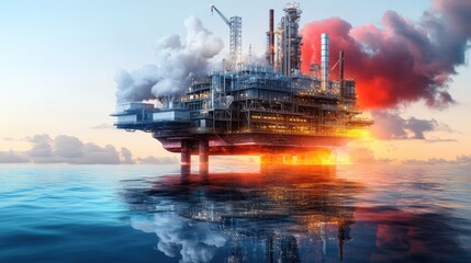 A futuristic offshore factory, powered by renewable energy sources, producing goods in a fully automated environment, isolated on a white background.