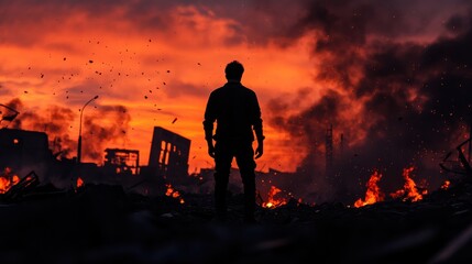 Obraz premium A low angle shot of a lone survivor standing amidst a desolate urban wasteland, their silhouette framed by collapsing buildings and flickering fires in the background, a somber twilight sky casting lo