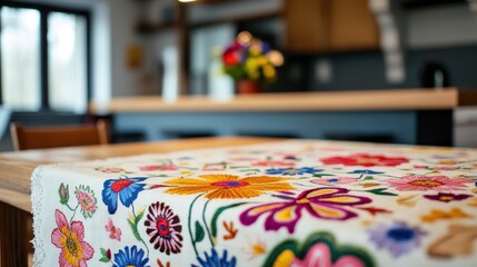 Vibrant Floral Table Runner in a Rustic Kitchen Setting