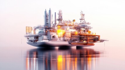 A futuristic offshore factory, powered by renewable energy sources, producing goods in a fully automated environment, isolated on a white background.