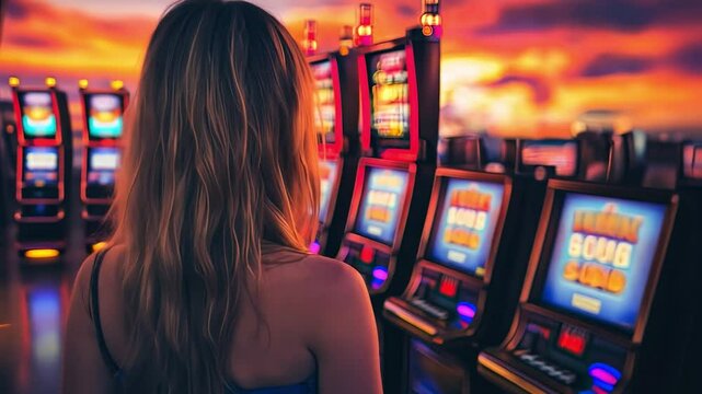 Lady Luck: A young woman stands before a row of flashing slot machines in a casino, captivated by the allure of chance and the thrill of potential winnings.