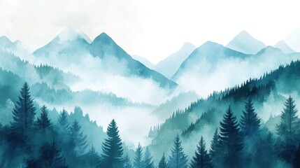 Fototapeta premium Watercolor clipart of mountain landscapes with misty blue and green hues