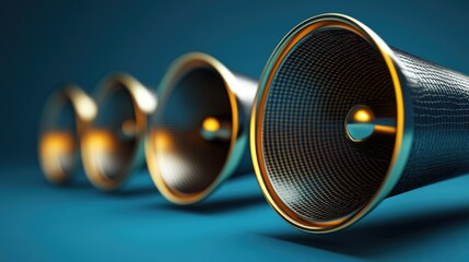 Close-up of four sleek, metallic speakers in a row, angled perspective, on a teal background.