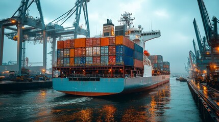 Fototapeta premium A cargo ship skillfully navigates through a bustling harbor filled with stacked containers, surrounded by towering cranes under a cloudy, moody sky.