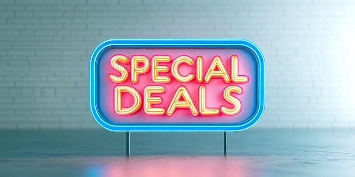 Special deals flash sale alert concept. Bright neon sign displaying "SPECIAL DEALS," capturing attention with vibrant colors on a clean background, ideal for promotions.