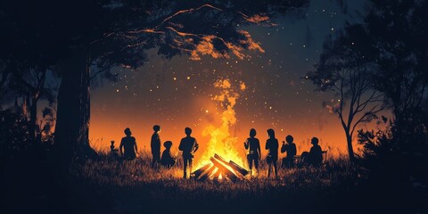 Fototapeta premium Silhouetted Group Enjoying a Campfire in a Forest at Night with Glowing Flames and Starry Sky