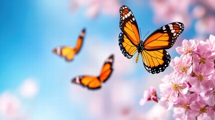 Obraz premium Butterflies fluttering around blooming flowers under a clear blue sky.