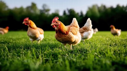 Fototapeta premium Chickens roaming freely on a lush green field, bright sunlight illuminating fur.