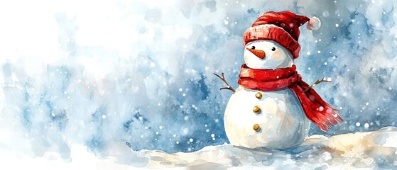 Obraz premium Cheerful snowman with a red scarf and hat in a snowy winter landscape.