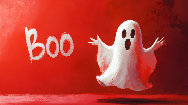 The word "boo" is emblazoned on this whimsical ghost, who stands against a stark red background. Emblazoned. Illustration