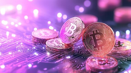 New year 2025 celebration nightlife. A collection of Bitcoin coins on a digital circuit board, illuminated with colorful lights, symbolizing cryptocurrency and blockchain technology.