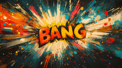 This image captures a powerful explosion with 'bang' emblazoned at the center, filled with vibrant colors and dynamic motion, ideal for energetic thematic concepts. Emblazoned. Illustration