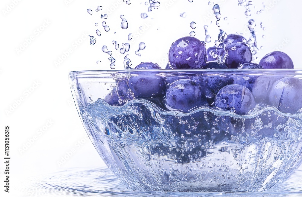 Poster Fresh blueberries splashing into a clear bowl of water, creating dynamic droplets.