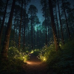 Obraz premium A glowing forest with ethereal fireflies and sparkling trails.