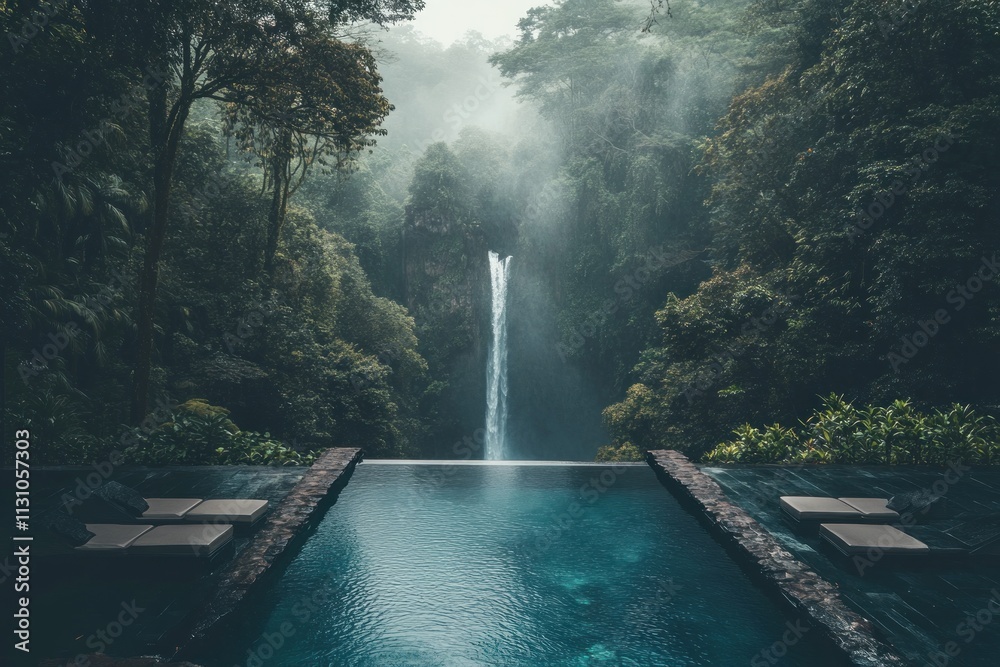 Poster a serene infinity pool overlooking a lush forest and waterfall in a tranquil setting.