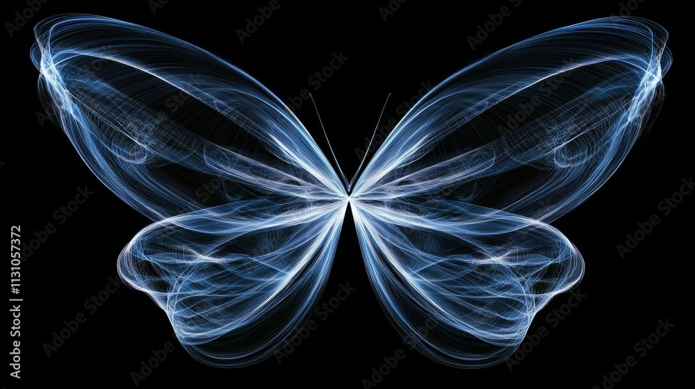 Poster Dynamic abstract motion lines creating symmetrical butterfly design in dark space