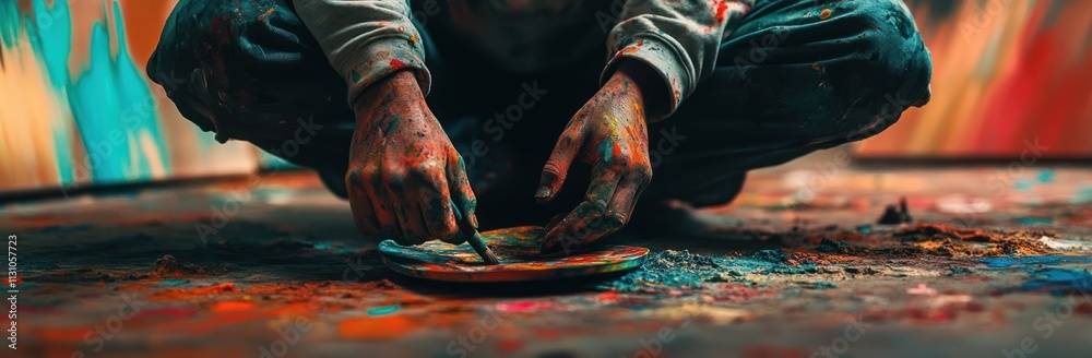 Aufkleber a person creating art using paint on a plate, surrounded by colorful splashes.