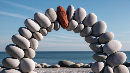 Arch of white pebbles with a red keystone supporting on a beach with clear sky