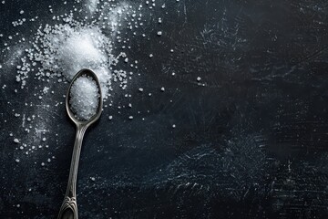 White sugar on a dark background with a spoon