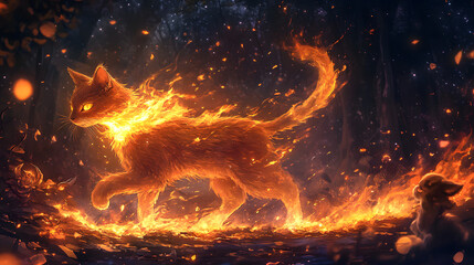 A Majestic Fire Cat Surrounded by Embers in a Mystical Forest Under a Twinkling Night Sky
