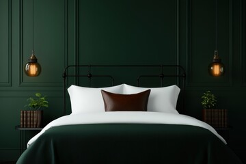 dark academia bedroom, bedroom with dark academia theme featuring wrought iron bed, deep green walls, antique chandelier, leather-bound books, and dark wood decor