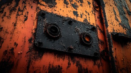 Rusty orange metal plate with dark bolts.