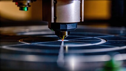 A closeup of a hightech 3D scanner mounted on a rotating platform capturing intricate details of a metal component with colorful point cloud data projected around it.