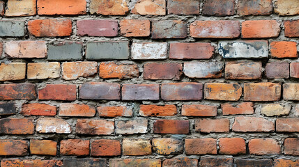 Obraz premium Old brick wall with weathered texture and varied colors displaying rustic charm and historical character in an urban setting. Generative AI