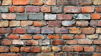 Obraz premium Textured brick wall featuring various colors and patterns, showcasing signs of wear and history in urban architecture. Generative AI