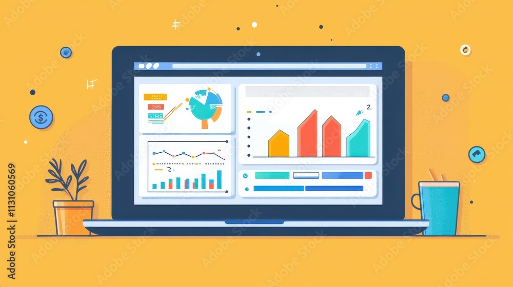 Poster data analytics dashboard displaying insights on laptop in bright workspace environment
