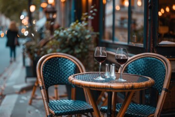 Wine glasses on a cozy Parisian outdoor cafe table