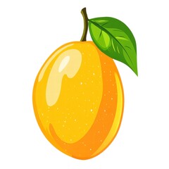 Ripe yellow mango with green leaves, isolated on a white background.