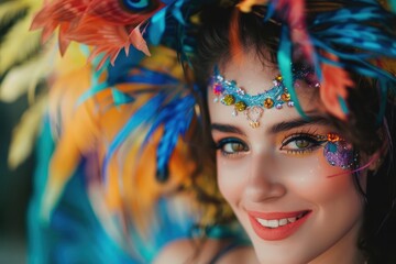 Fototapeta premium Woman dressed for carnival smiling and ready to enjoy with colorful makeup